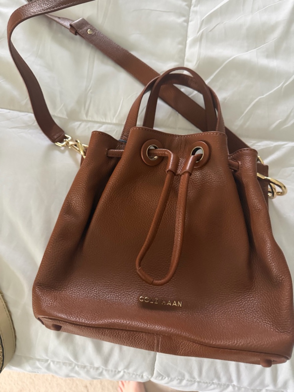 Cole Haan Chestnut Brown Pebbled Leather Drawstring Shoulder Bag